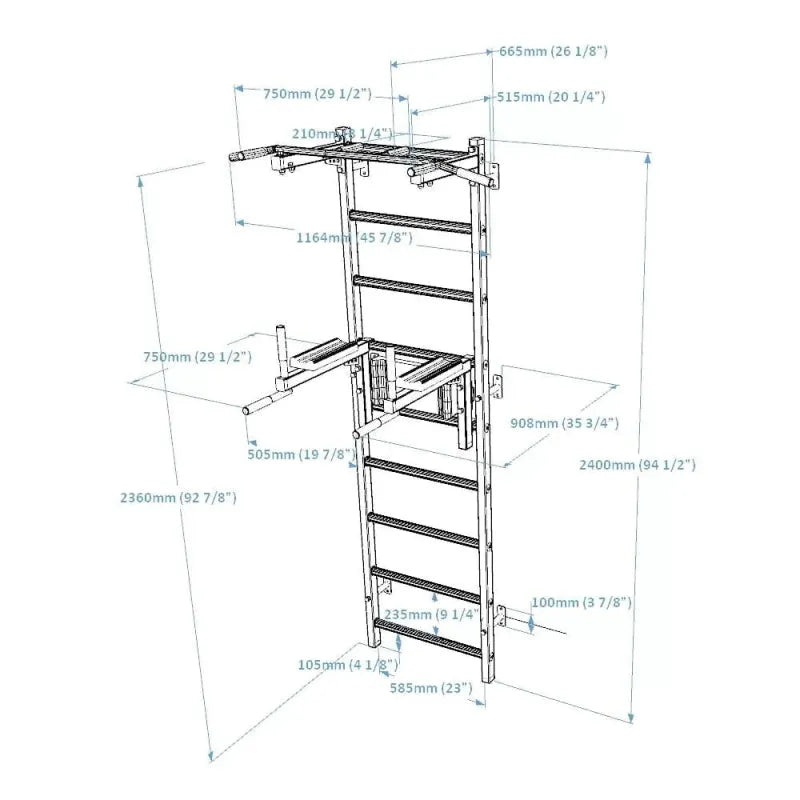 BenchK Stall Bar With Pull-up Bar and Dip Station 722B - Diagram with size and measurements