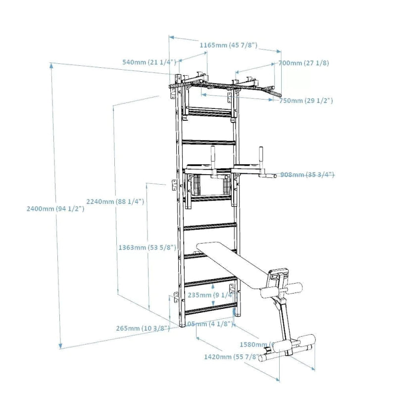 BenchK Wall Bars 733B  diagram with size and measurement