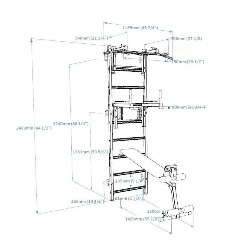 BenchK Wall Bars 733B  diagram with size and measurement