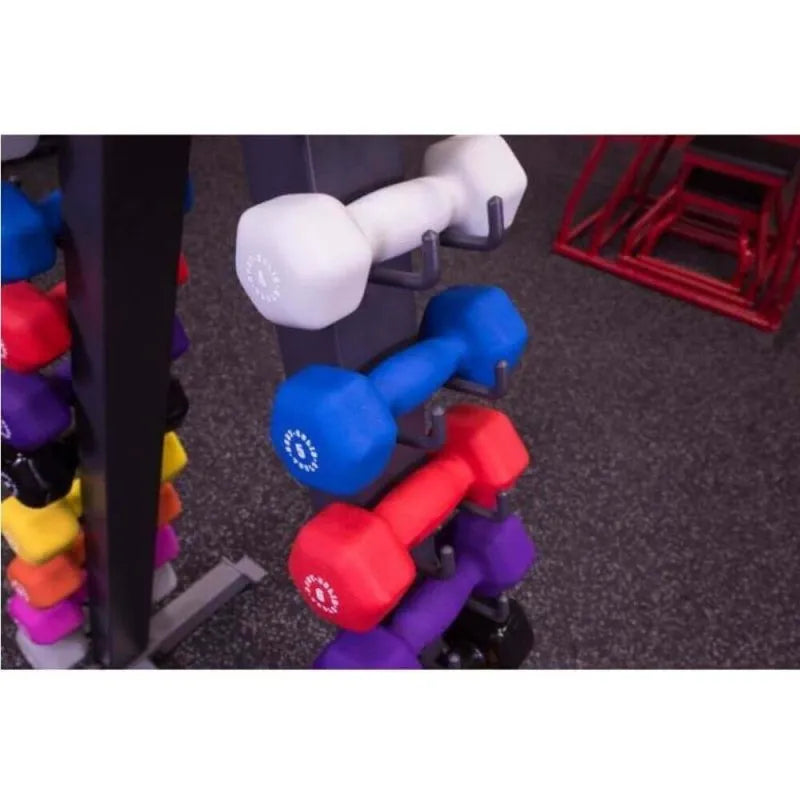Body-Solid 12 Pair Vinyl Dumbbells With Rack GDR24-VPACK - Side view photo of dumbbells on rack