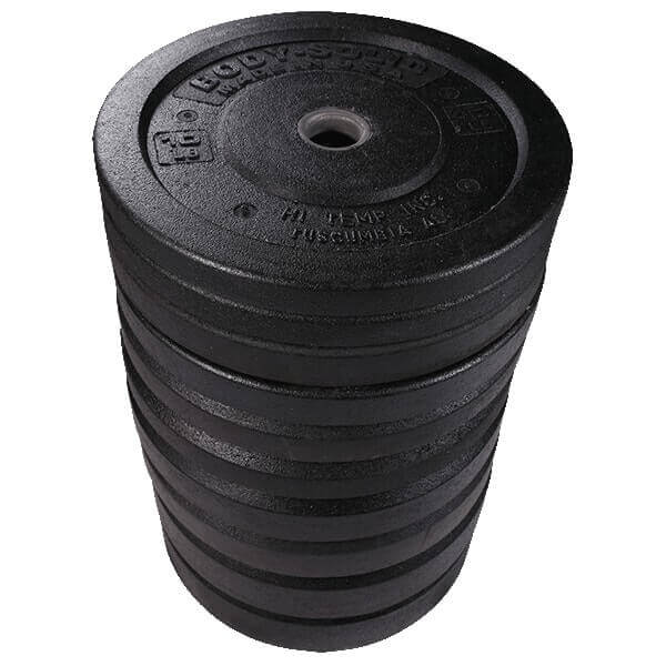 Body-Solid 260lb USA Premium Rubber Bumper Plate Set OBPH260 - weights on stack in black color