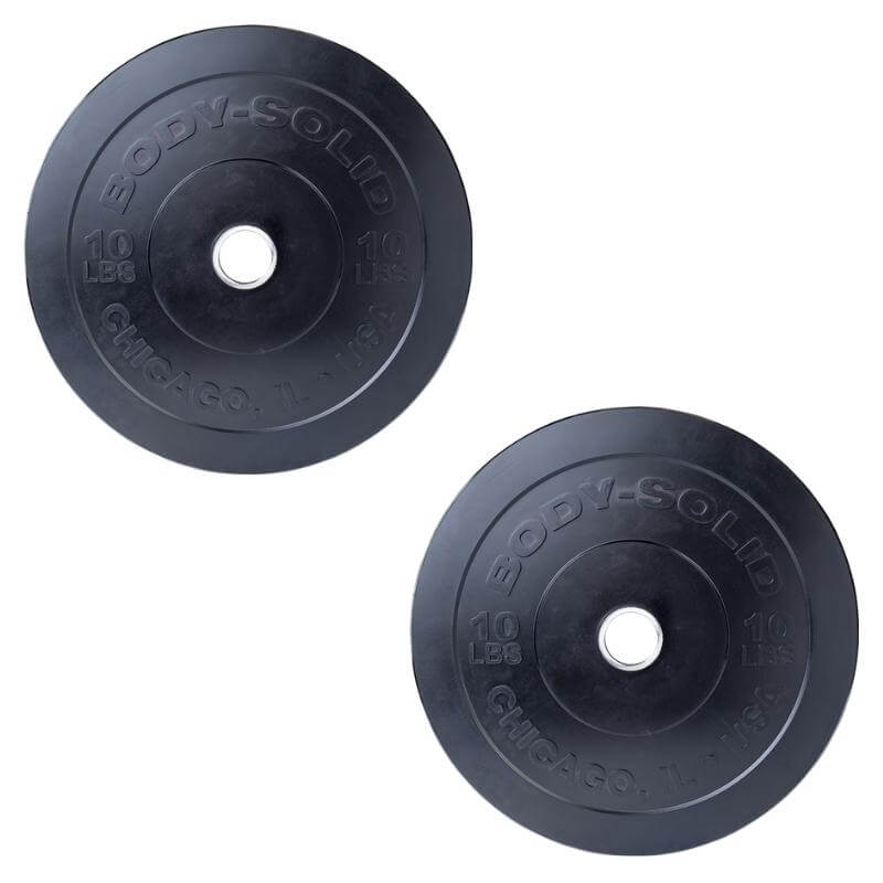 Body-Solid Chicago Extreme Bumper Plates OBPX -  2 weight barbell on up and down corner photo