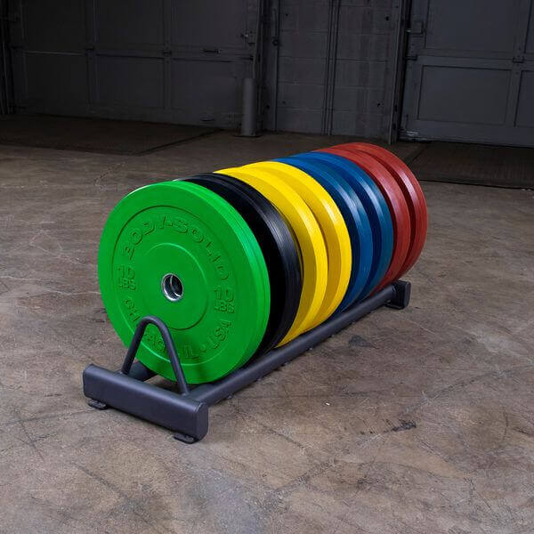 Body-Solid Chicago Extreme Colored Bumper Plates OBPXC - Different color plate on a rack