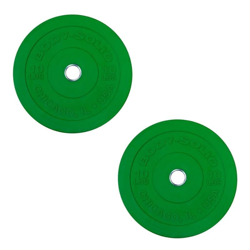 Body-Solid Chicago Extreme Colored Bumper Plates OBPXC - 2 green plates 10lbs each in one photo