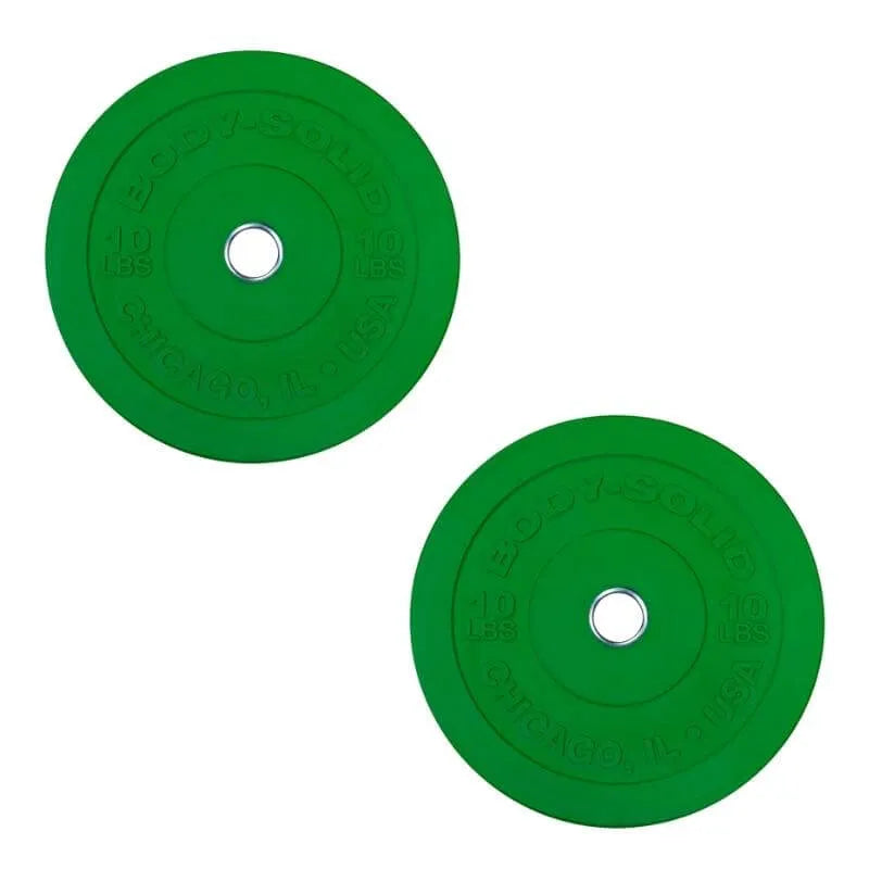 Body-Solid Chicago Extreme Colored Bumper Plates OBPXC - 2 green plates 10lbs each in one photo