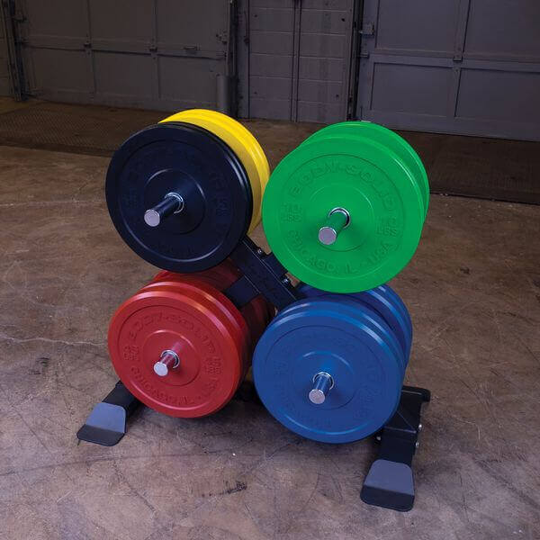 Body-Solid Chicago Extreme Colored Bumper Plates OBPXC - plates on x rack