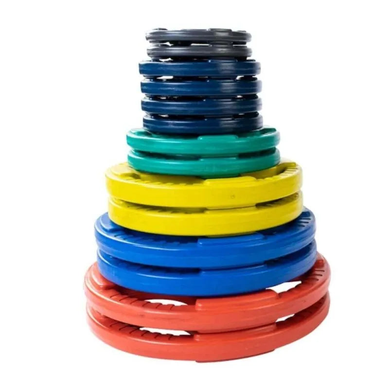 Body-Solid Colored Rubber Grip Plate & Barbell Set ORC - plates on stack photo