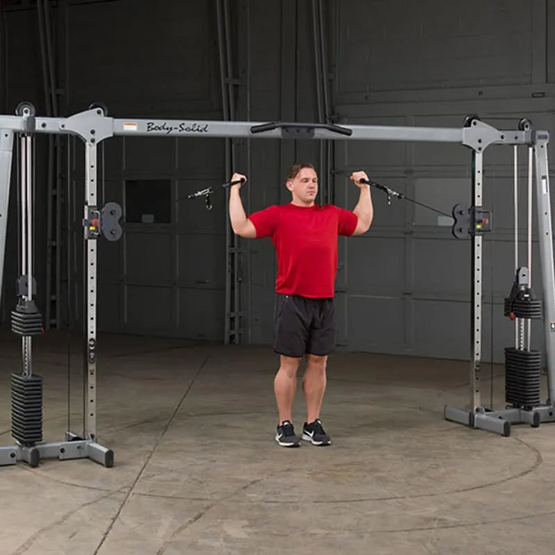 Body-Solid Deluxe Cable Crossover GDCC250 - product and a man working out 