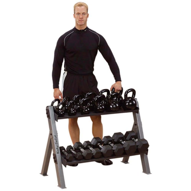 Body-Solid Dual Dumbbell/Kettlebell Rack GDKR100 - Rack with dumbbells and a man standing behind it