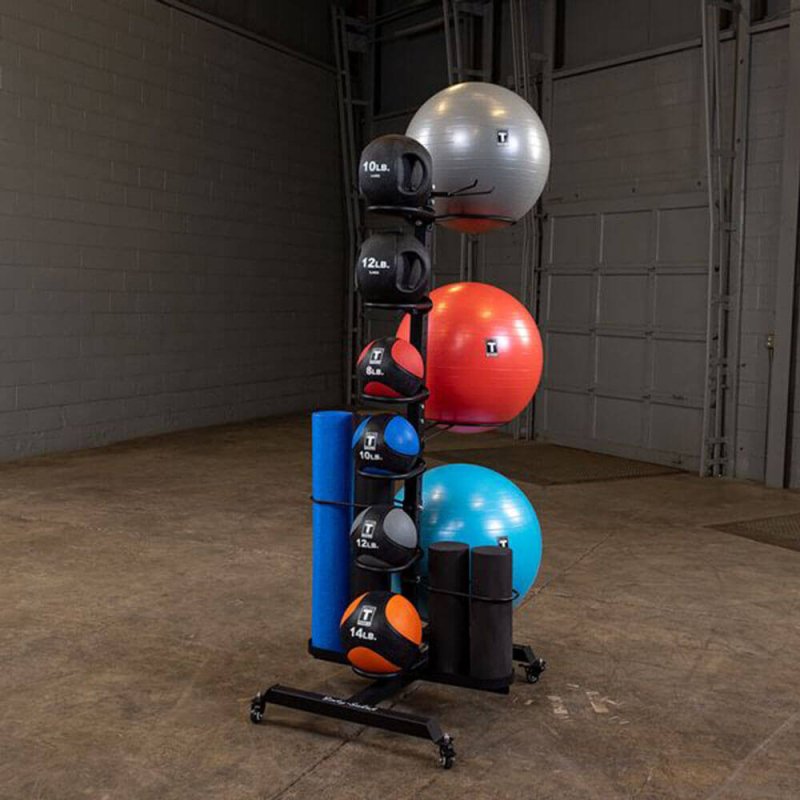 Body-Solid Multi Accessory Rack GAR100 - rack with big yoga balls and dumbbells with different colors