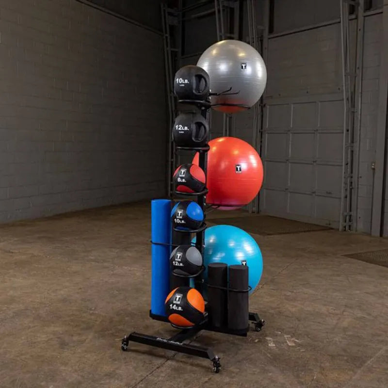 Body-Solid Multi Accessory Rack GAR100 - rack with big yoga balls and dumbbells with different colors