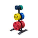 Body-Solid Olympic Weight Tree and Bar Holder GWT56 - Close up photo of rack with different color weight and sizes