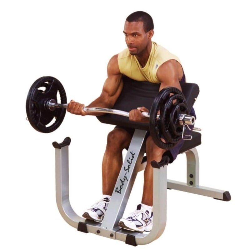 Body-Solid Preacher Curl Bench GPCB329 - Man on arm exercise with the actual product