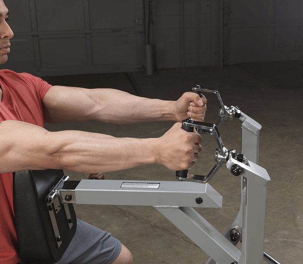 Body Solid Pro Club Line Leverage Seated Row - man sitting down and pulling 