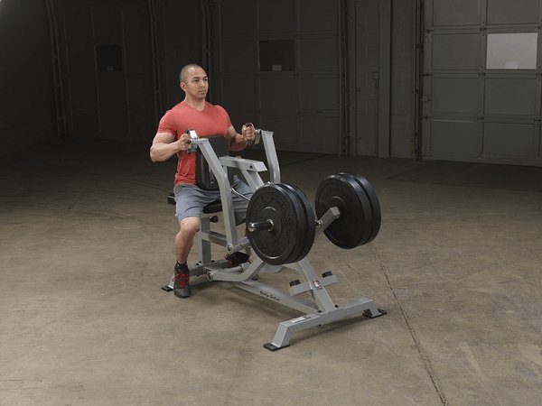 Body Solid Pro Club Line Leverage Seated Row - with barbels on it 