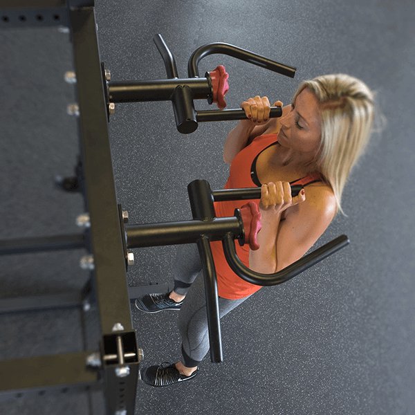 Body Solid Pro Club Line Power Rack Base Rack SPR1000 and Extension - woman doing pull ups 