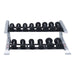 Body Solid Pro Club Line SDKR 2 Tier Saddle Dumbell Rack - with dumbells aligned on it 