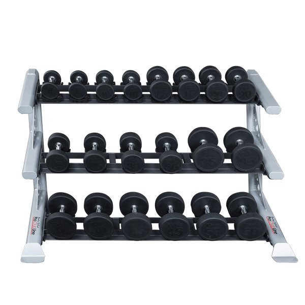 Body Solid Pro Club Line SDKR 3 Tier Saddle Dumbell Rack - with dumbells on it 