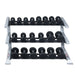 Body Solid Pro Club Line SDKR 3 Tier Saddle Dumbell Rack - with dumbells on it 
