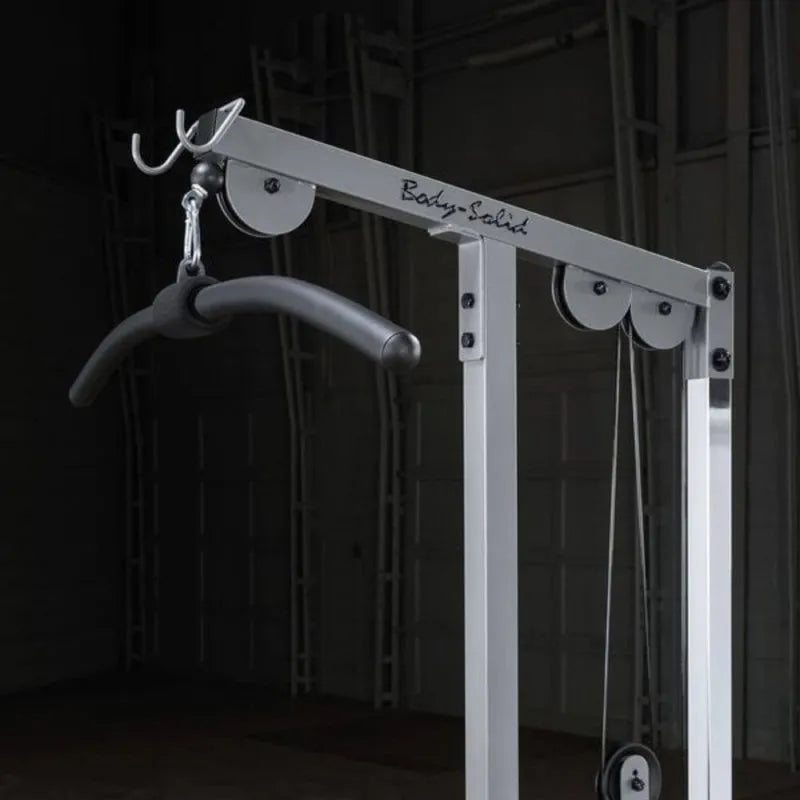 Body-Solid Pro Lat Pulldown Low Row Machine GLM83 - Lat attachment and body solid logo on product