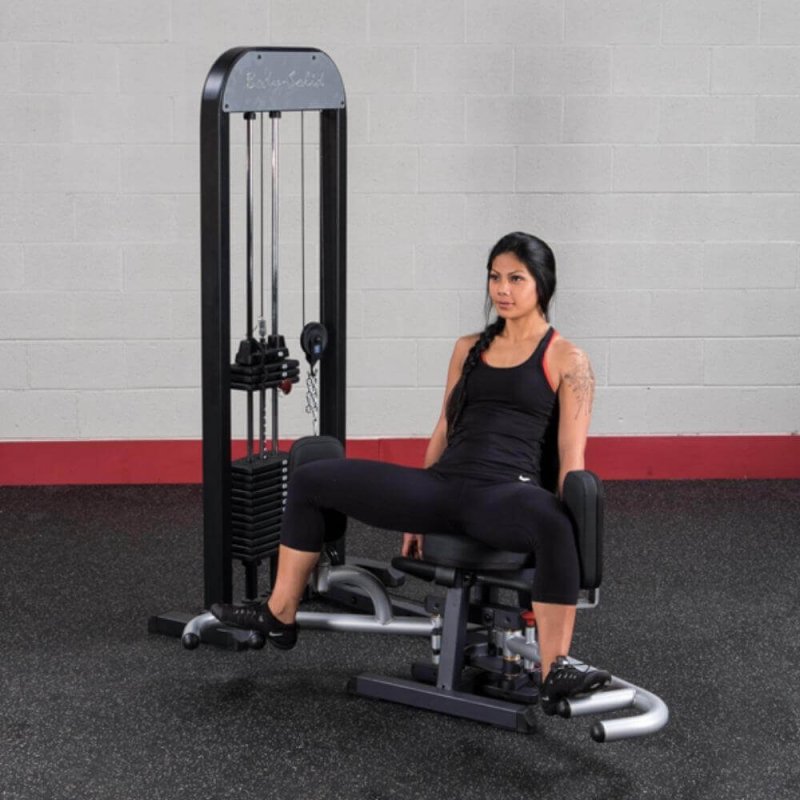 Body-Solid Pro-Select Inner/Outer Thigh Machine GIOT-STK -  woman leg thigh fully opened for outer thigh abduction exercise