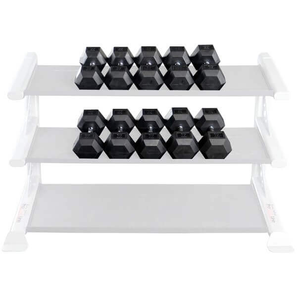 Body-Solid Rubber Hex Dumbbell Sets SDRS - Black dumbbells placed on a rack