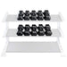 Body-Solid Rubber Hex Dumbbell Sets SDRS - Black dumbbells placed on a rack