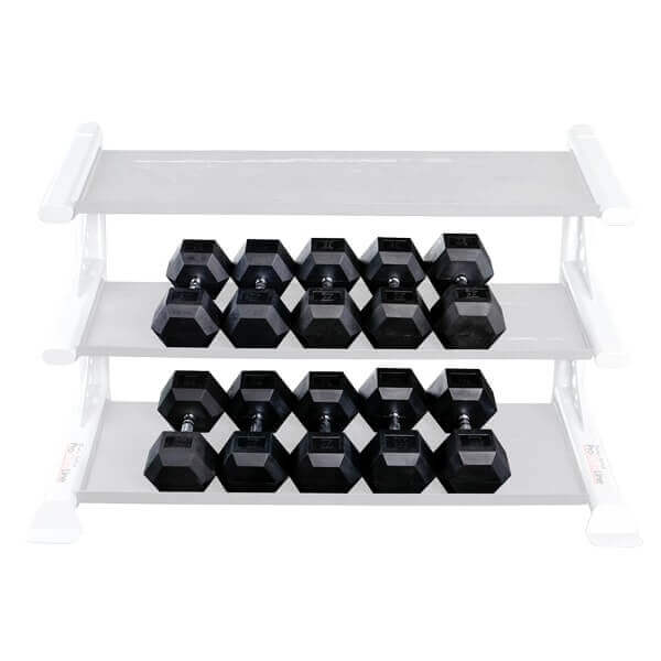 Body-Solid Rubber Hex Dumbbell Sets SDRS - Black dumbbells placed on a organizer