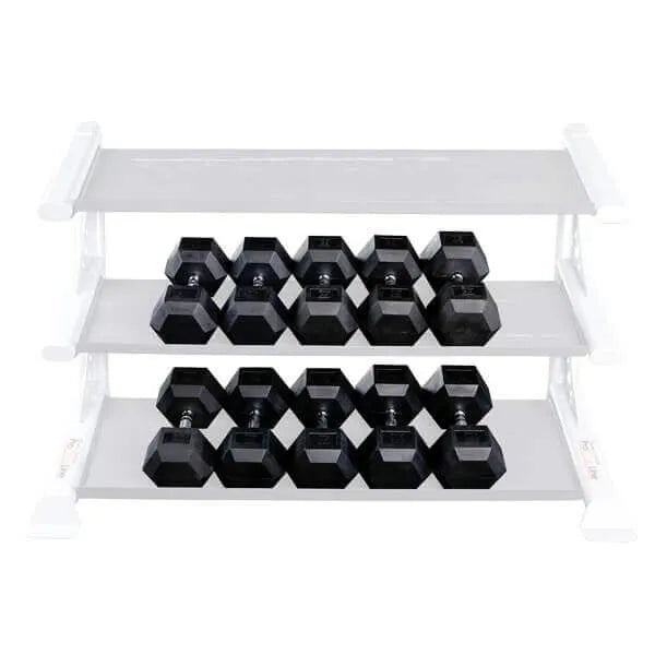 Body-Solid Rubber Hex Dumbbell Sets SDRS - Black dumbbells placed on a organizer
