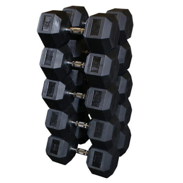 Body-Solid Rubber Hex Dumbbell Sets SDRS - Black dumbbell stacks