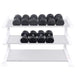 Body-Solid Rubber Round Dumbbell Sets SDPS - Dumbbell set on a rack 