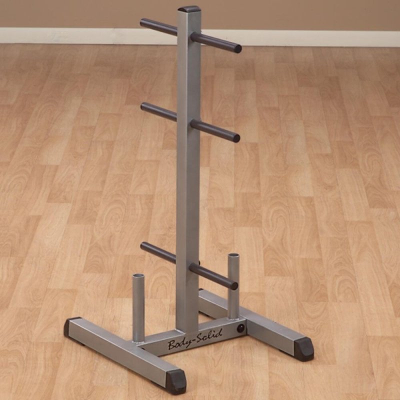 Body-Solid Standard Plate Tree & Bar Holder GSWT - In a room with wooden floor