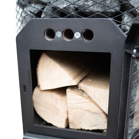 Cozy Heat O Wood Burning Sauna Stove, Up to 18kW - Close up view of sauna woods