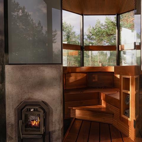 Cozy Heat OG Thru-Wall Wood Burning Sauna Stove, Up to 18kW - In a sauna