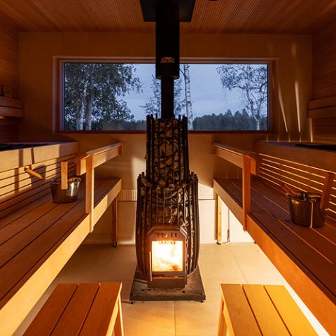 Cozy Heat SW Thru-Wall Wood Burning Sauna Stove, Up to 18kW - In a middle of a big sauna