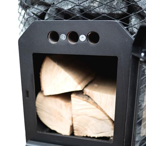 Cozy Heat Thru-Wall Wood-Burning Sauna Stove, Up to 18kW - Close up view of sauna woods