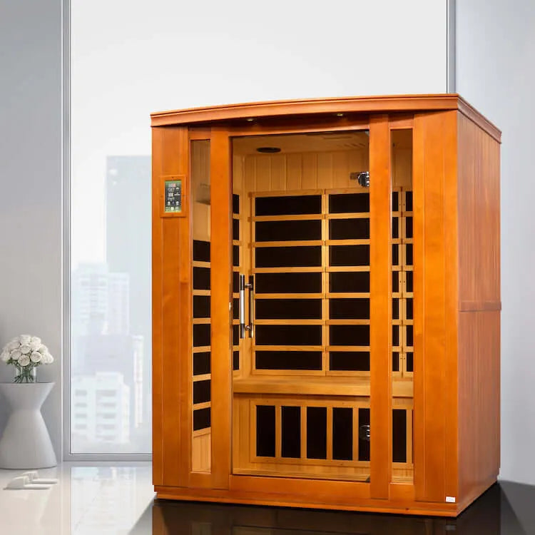 Dynamic Bellagio 3-Person Low EMF FAR Infrared Sauna (Canadian Hemlock) - Set up in a room with big window city view