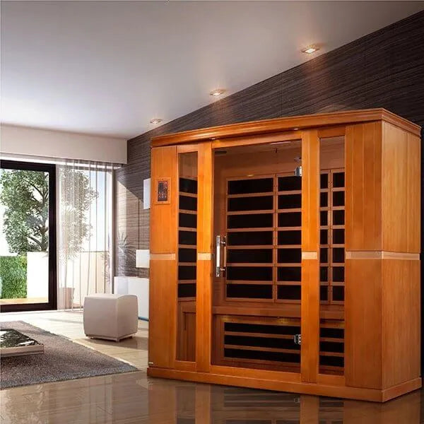Dynamic Bergamo 4-Person Low EMF FAR Infrared Sauna - Set up in a living room with wooden walls