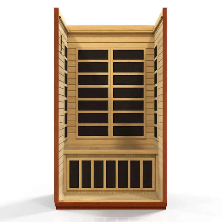 Dynamic San Marino Elite 2-Person Ultra Low EMF FAR Infrared Sauna (Canadian Hemlock) - Front interior view without roof and door
