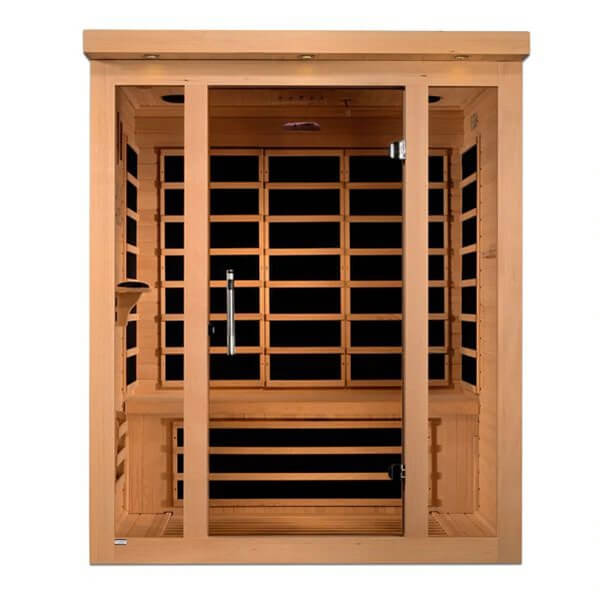 Dynamic Vila 3-Person Ultra Low EMF FAR Infrared Sauna (Canadian Hemlock) - Front view with visible interiors 