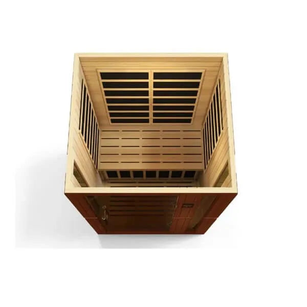 Dynamic Vittoria 2-Person Low EMF FAR Infrared Sauna (Canadian Hemlock) - top view with visible features of the inside. 