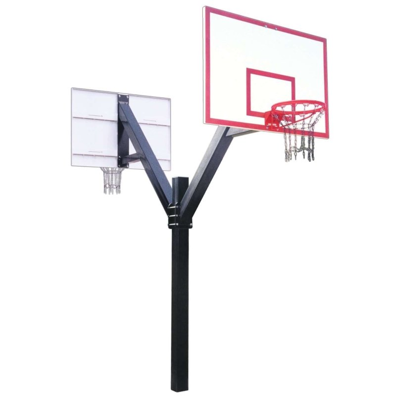 First Team Legend In-Ground Fixed Height Basketball Hoop - back to back rim and boards with black pole