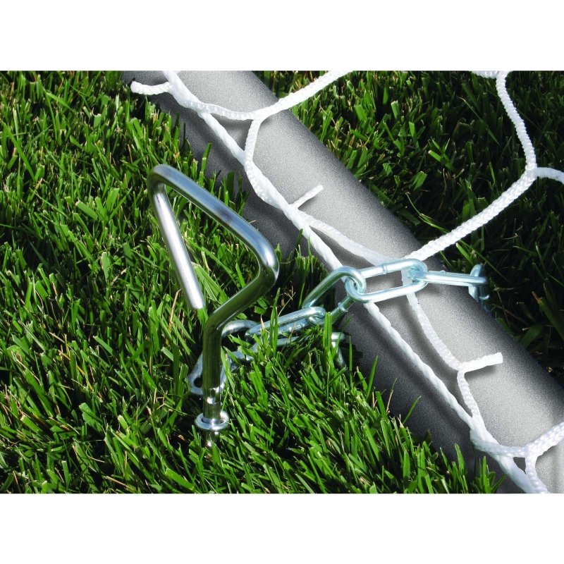 First Team World Class 40 Round Aluminum Fixed Soccer Goal - chained on grassy ground