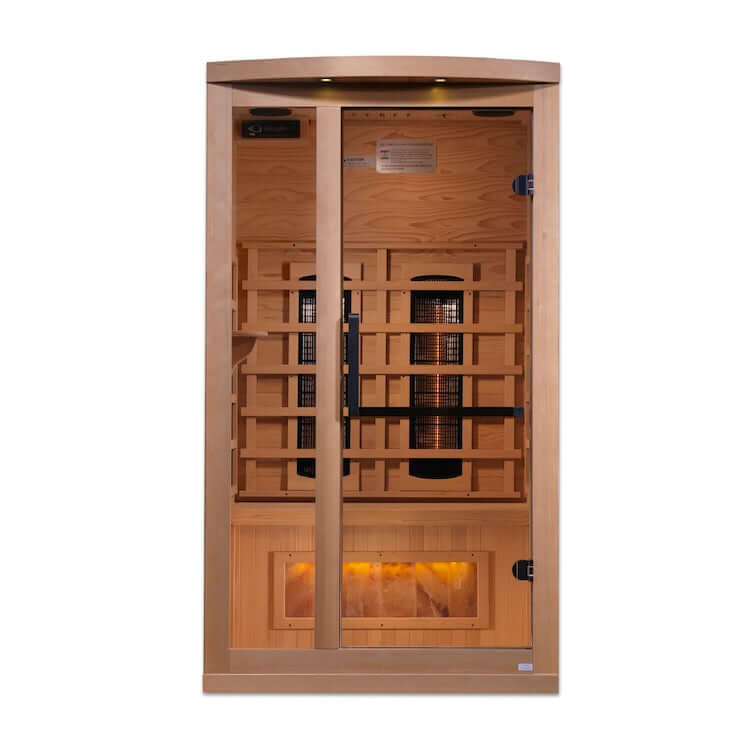 Golden Designs 1-2-Person Full Spectrum PureTech™ Near Zero EMF FAR Infrared Sauna with Himalayan Salt Bar (Canadian Hemlock) - Front 3D view of sauna