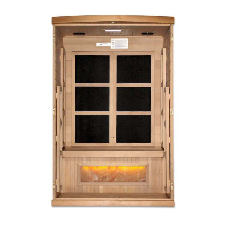 Golden Designs 2-Person "Hotel Edition" Full Spectrum PureTech™ Near Zero EMF FAR Infrared Sauna with Himalayan Salt Bar (Canadian Hemlock) - Interior view