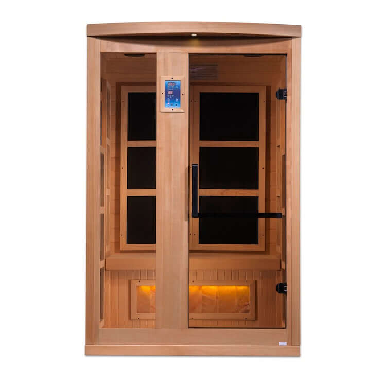 Golden Designs 2-Person "Hotel Edition" Full Spectrum PureTech™ Near Zero EMF FAR Infrared Sauna with Himalayan Salt Bar (Canadian Hemlock) - Front 3D view of wooden sauna with glass door