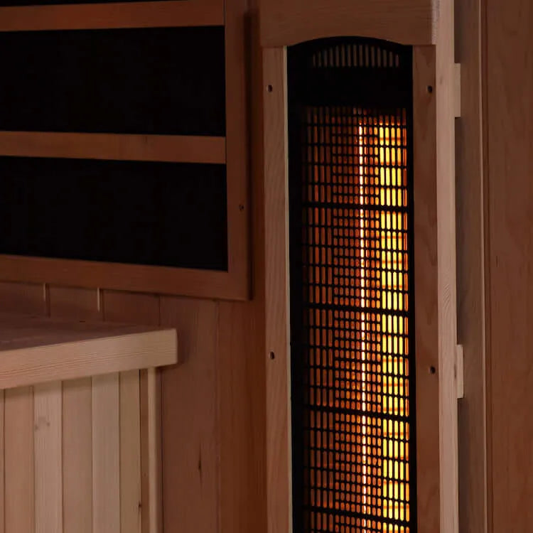 Golden Designs 3-Person Corner Full Spectrum PureTech™ Near Zero EMF FAR Infrared Sauna with Himalayan Salt Bar (Canadian Hemlock) - Sauna heater close up image