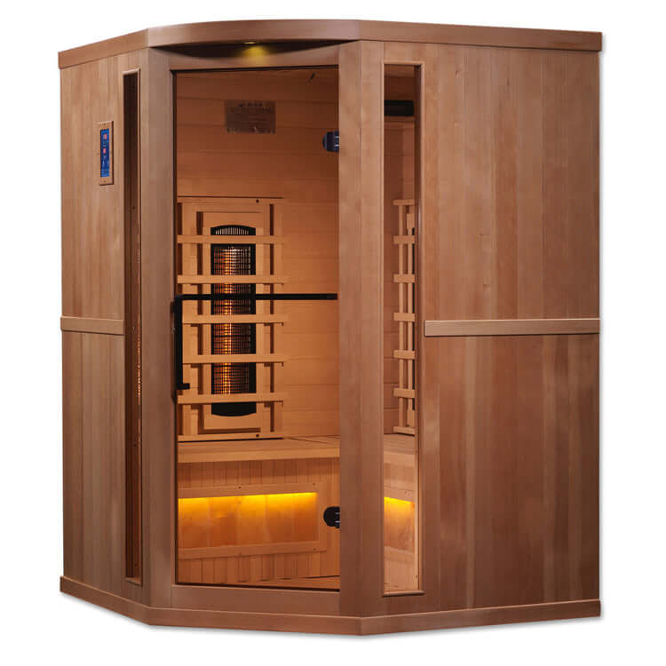 Golden Designs 3-Person Corner Full Spectrum PureTech™ Near Zero EMF FAR Infrared Sauna with Himalayan Salt Bar (Canadian Hemlock) - Side 3D image of a sauna with a glass door