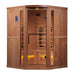 Golden Designs 3-Person Corner Full Spectrum PureTech™ Near Zero EMF FAR Infrared Sauna with Himalayan Salt Bar (Canadian Hemlock) - Front view of wooden sauna with a glass door