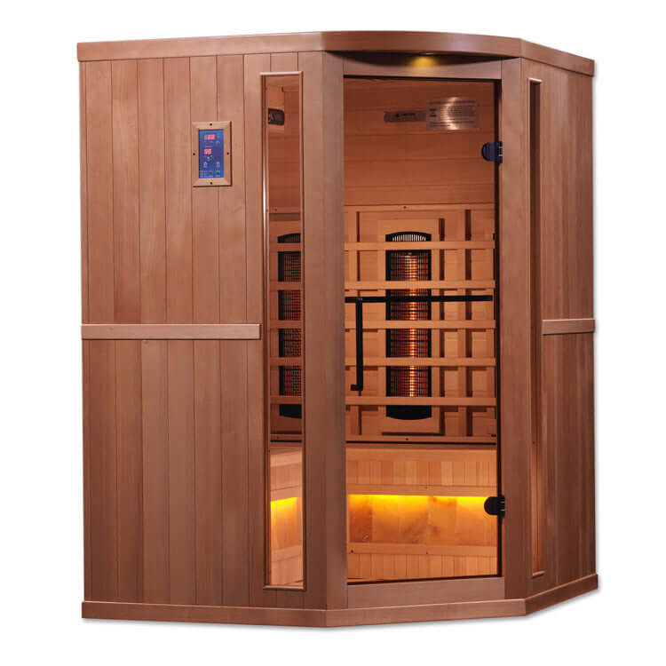 Golden Designs 3-Person Corner Full Spectrum PureTech™ Near Zero EMF FAR Infrared Sauna with Himalayan Salt Bar (Canadian Hemlock) -